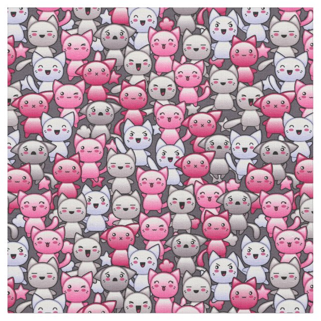 pattern with cute kawaii doodle cats 2 fabric (Close Up)