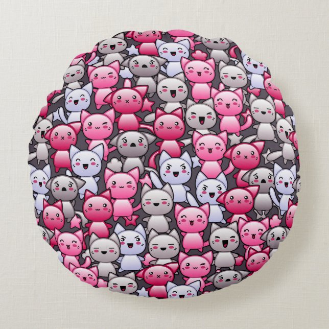 pattern with cute kawaii doodle cats 2 round cushion (Front)