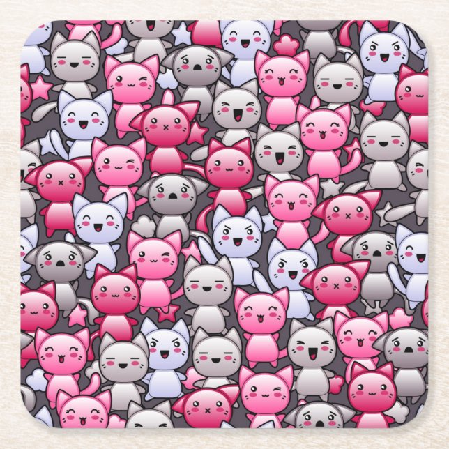 pattern with cute kawaii doodle cats 2 square paper coaster (Front)