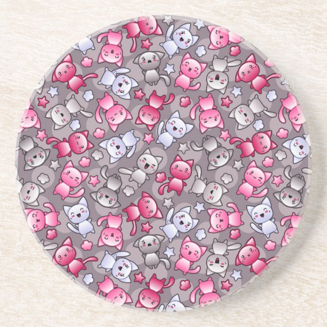 pattern with cute kawaii doodle cats coaster (Front)