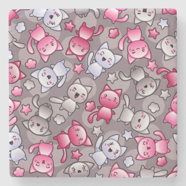 pattern with cute kawaii doodle cats stone coaster (Front)