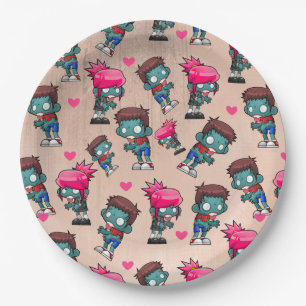 Pattern with Cute Zombie Girls, Guys and Hearts Paper Plate