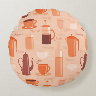 Pattern with drinks and text round cushion