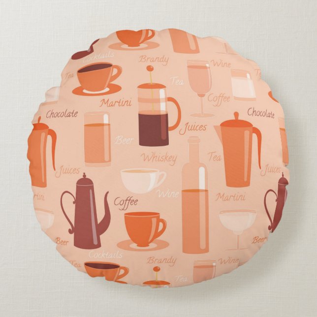 Pattern with drinks and text round cushion (Front)
