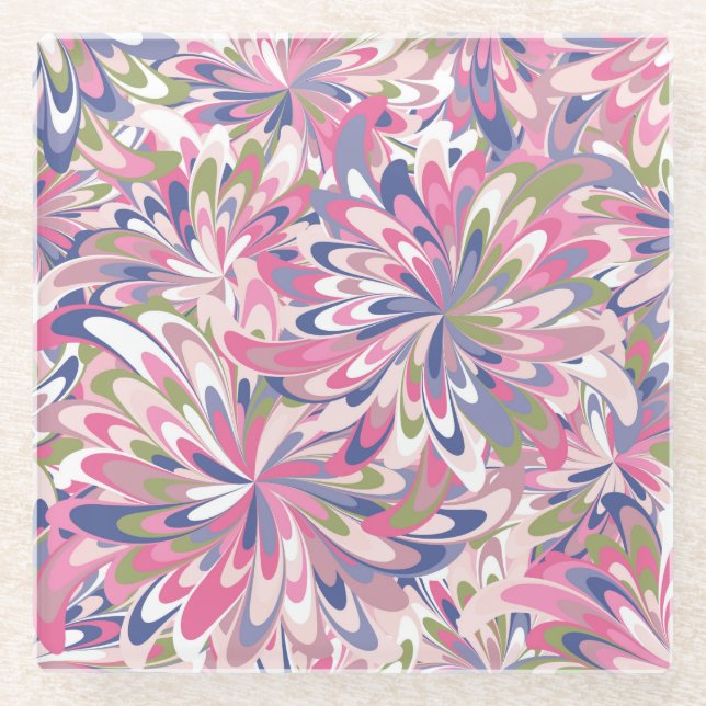 Pattern with fancy pink flowers glass coaster (Front)
