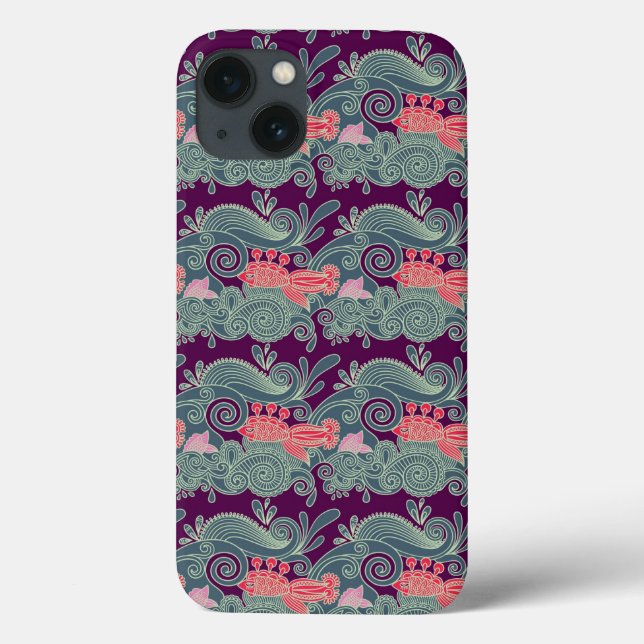 Pattern With Fish And Purple Wave Case-Mate iPhone Case (Back)