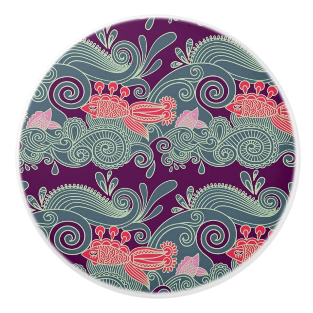 Pattern With Fish And Purple Wave Ceramic Knob (Front)