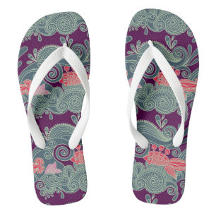 Pattern With Fish And Purple Wave Flip Flops