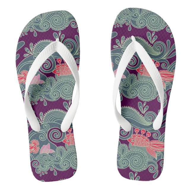 Pattern With Fish And Purple Wave Flip Flops (Footbed)
