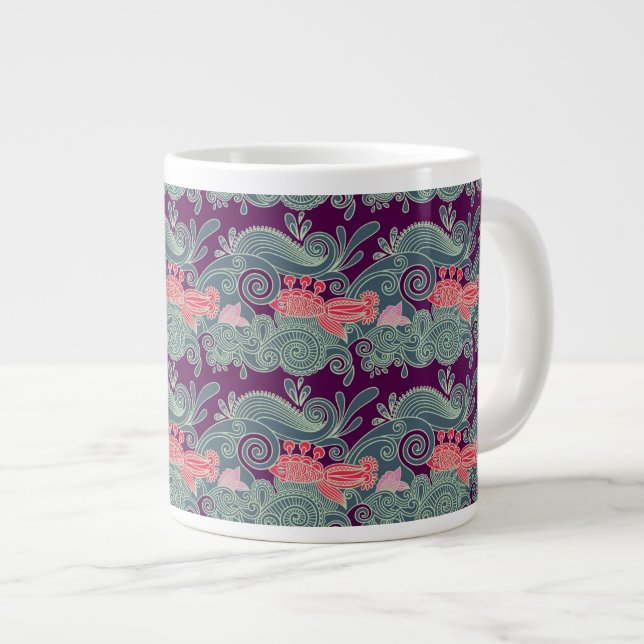 Pattern With Fish And Purple Wave Large Coffee Mug (Front Right)