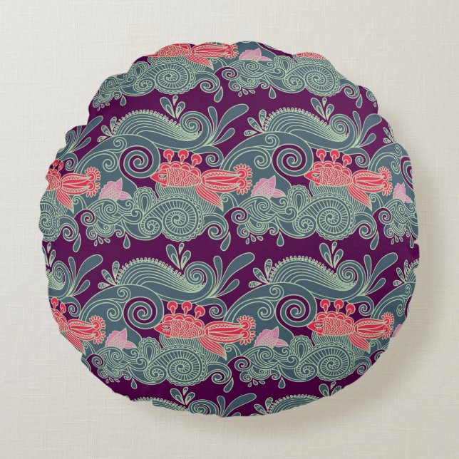 Pattern With Fish And Purple Wave Round Cushion (Front)