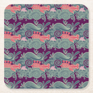 Pattern With Fish And Purple Wave Square Paper Coaster