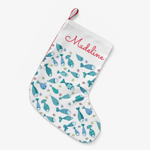 Pattern With Fish And Starfish   Add Your Name Small Christmas Stocking