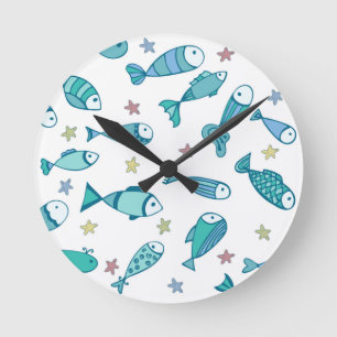 Pattern With Fish And Starfish Round Clock