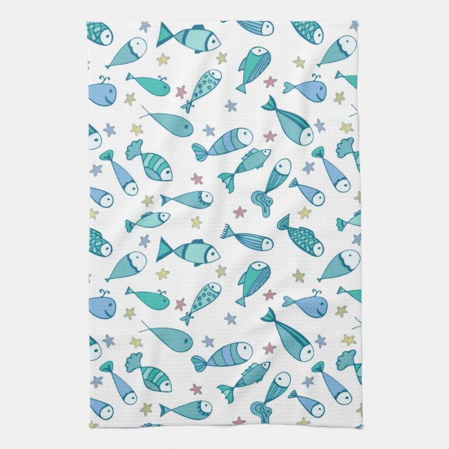 Pattern With Fish And Starfish Tea Towel (Vertical)