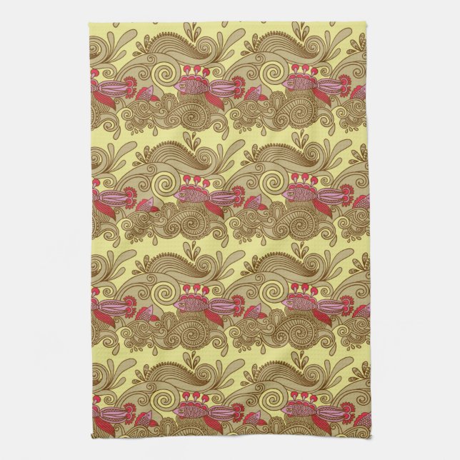 Pattern With Fish And Wave Tea Towel (Vertical)