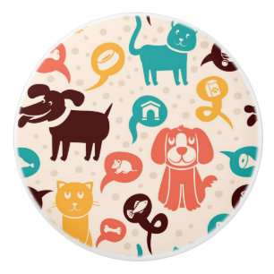 Pattern With Funny Cats And Dogs Ceramic Knob