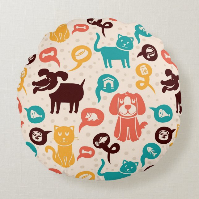 Pattern With Funny Cats And Dogs Round Cushion (Front)