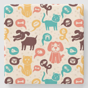 Pattern With Funny Cats And Dogs Stone Coaster