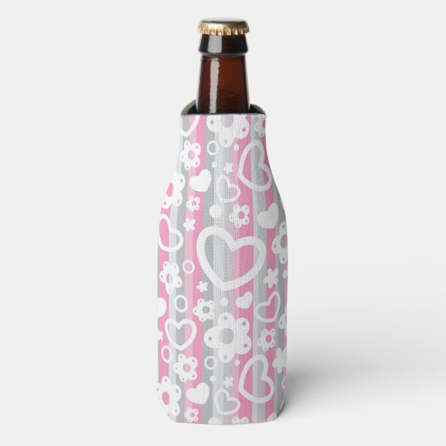 Pattern with Hearts and Flowers Bottle Cooler (Bottle Front)