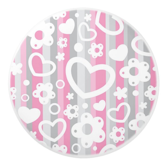 Pattern with Hearts and Flowers Ceramic Knob (Front)