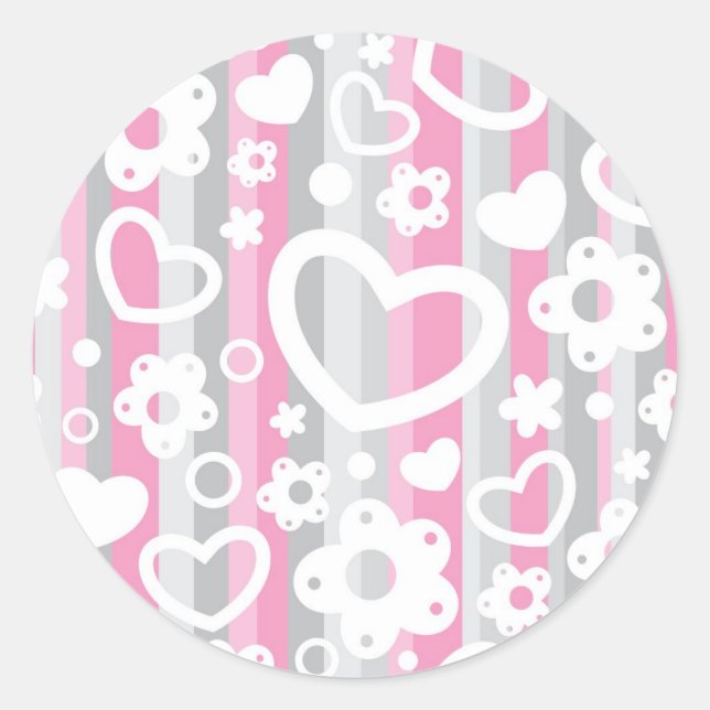 Pattern with Hearts and Flowers Classic Round Sticker (Front)