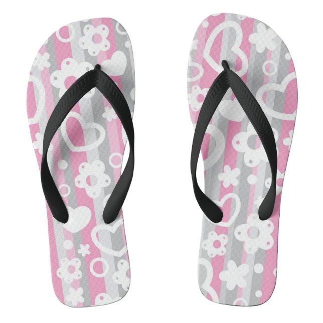 Pattern with Hearts and Flowers Flip Flops (Footbed)