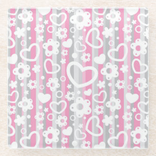 Pattern with Hearts and Flowers Glass Coaster