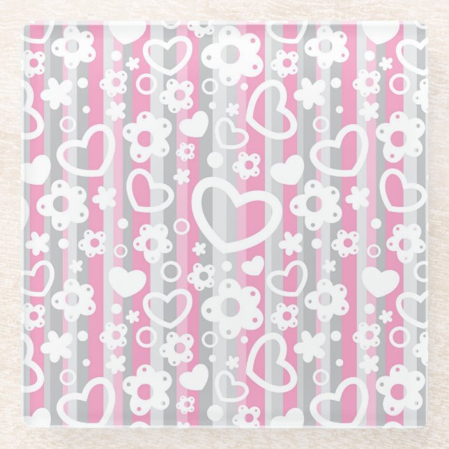 Pattern with Hearts and Flowers Glass Coaster (Front)
