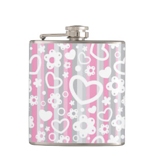 Pattern with Hearts and Flowers Hip Flask