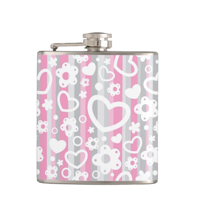 Pattern with Hearts and Flowers Hip Flask (Front)