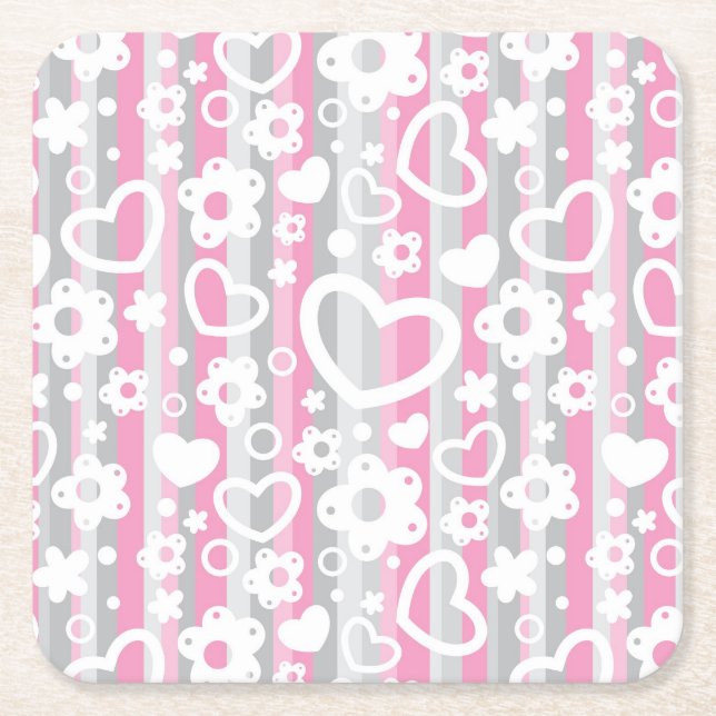 Pattern with Hearts and Flowers Square Paper Coaster (Front)