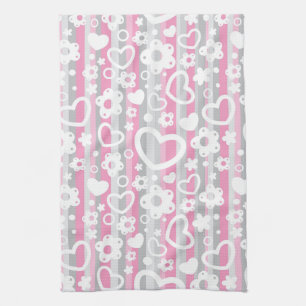 Pattern with Hearts and Flowers Tea Towel