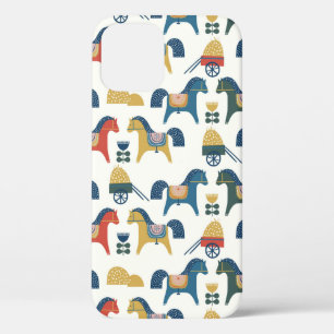 Pattern with horses inspired by scandinavian art. iPhone 12 case
