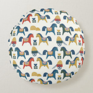 Pattern with horses inspired by scandinavian art. round cushion
