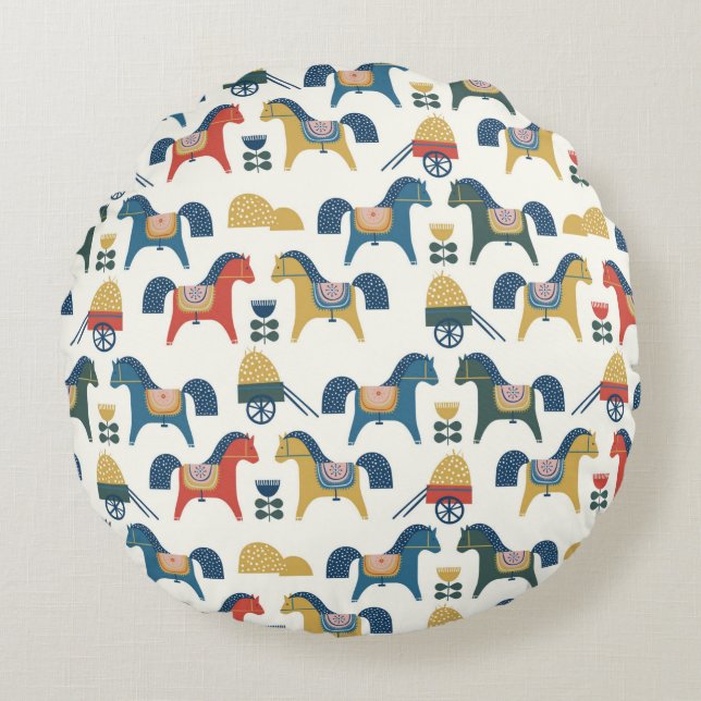 Pattern with horses inspired by scandinavian art.  round cushion (Front)