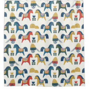 Pattern with horses inspired by scandinavian art.  shower curtain