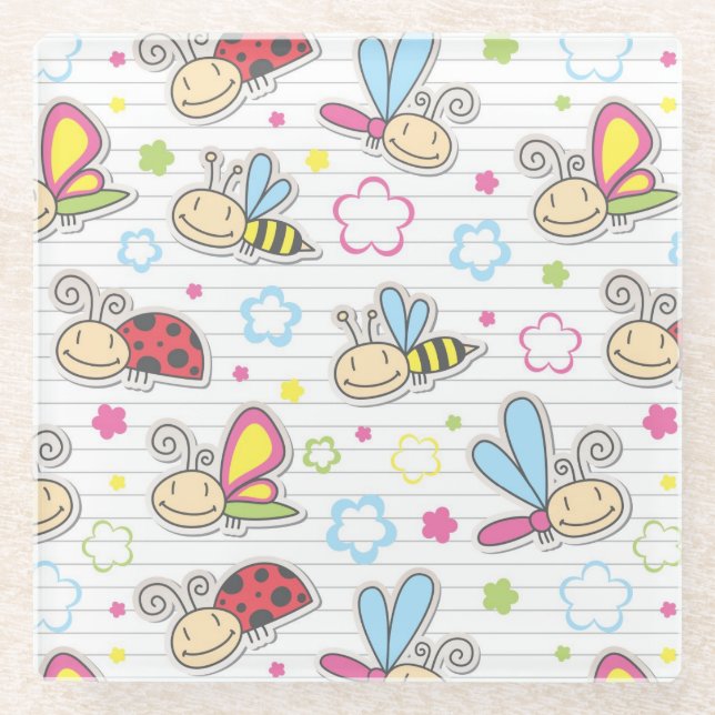 pattern with insects glass coaster (Front)