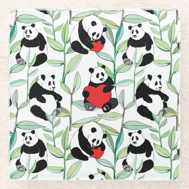 pattern with lovely pandas with hearts glass coaster (Front)