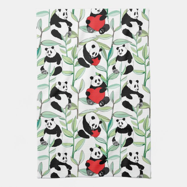 pattern with lovely pandas with hearts tea towel (Vertical)