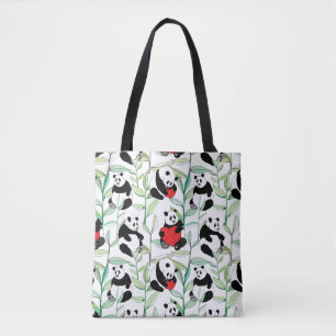 pattern with lovely pandas with hearts tote bag
