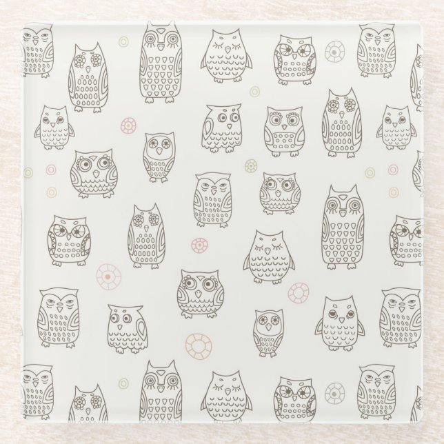 Pattern with owls glass coaster (Front)