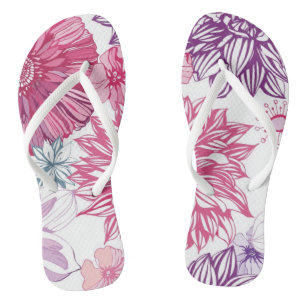 Pattern with pink asters and dahlia flip flops