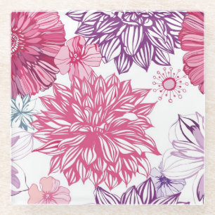 Pattern with pink asters and dahlia glass coaster