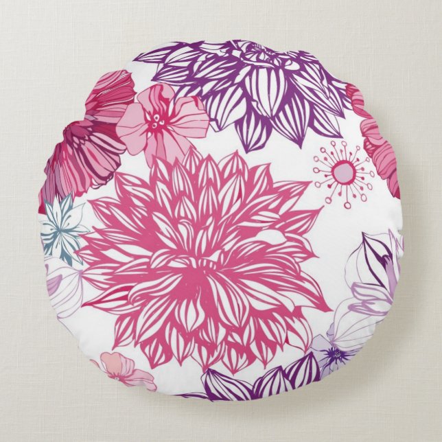 Pattern with pink asters and dahlia round cushion (Front)