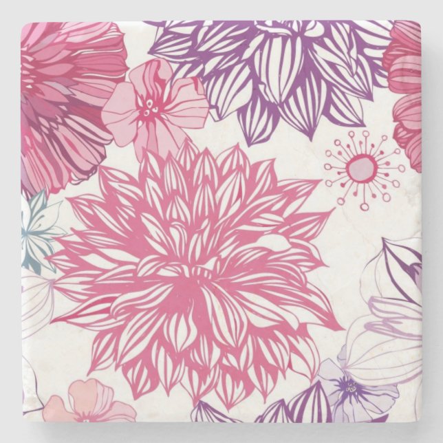 Pattern with pink asters and dahlia stone coaster (Front)
