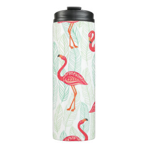 Pattern with pink flamingo ornaments on a backgrou thermal tumbler