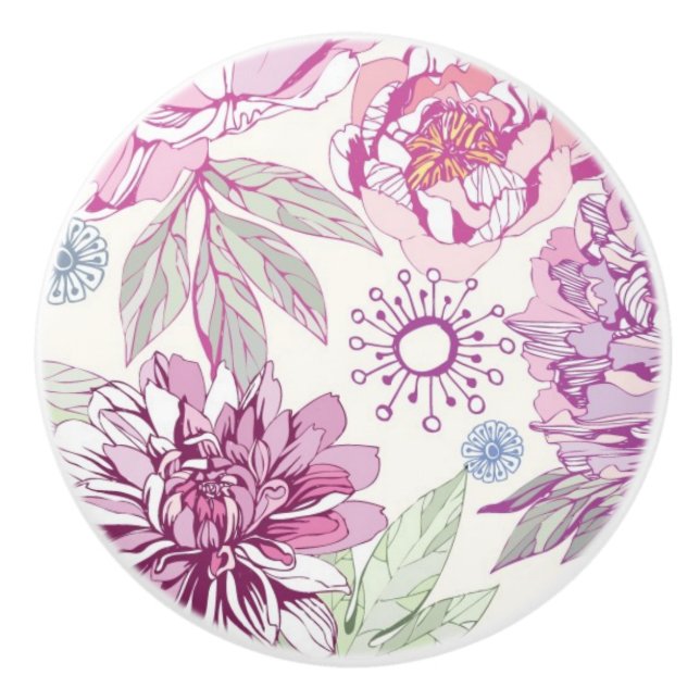 Pattern with pink flowers ceramic knob (Front)