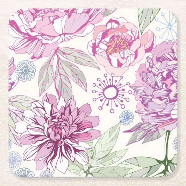 Pattern with pink flowers square paper coaster (Front)