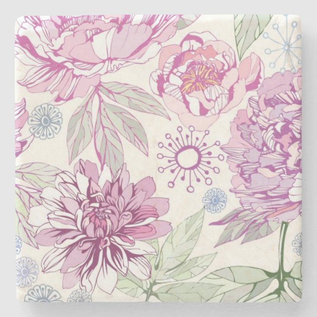 Pattern with pink flowers stone coaster (Front)
